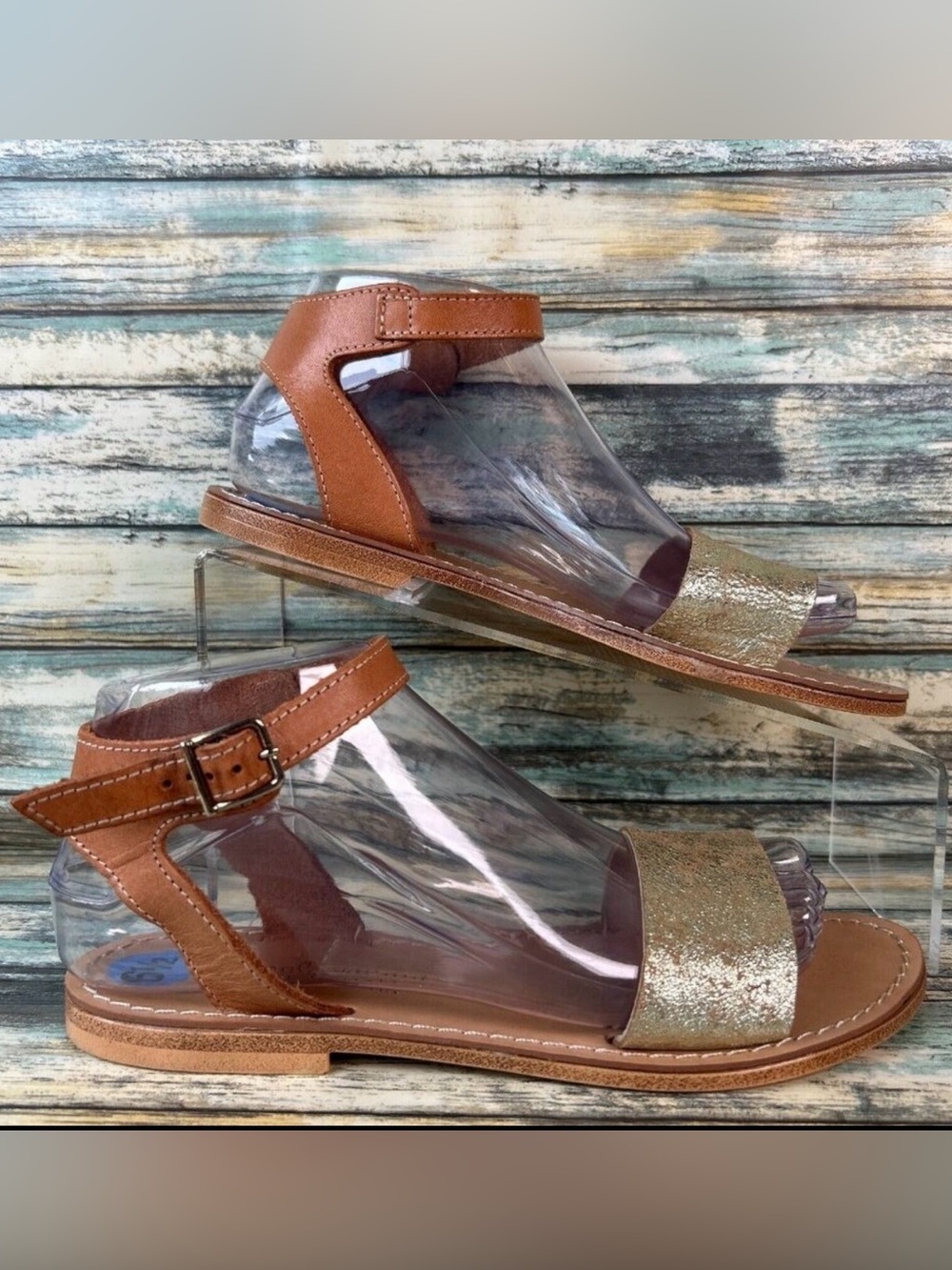 NICCOLO VACARI Strappy Flat Sandals Womens 6.5 Brown/Gold Leather Ankle Strap